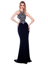 Navy Blue Prom Party Dress Prom and Party and For with Beading High-neck Sleeveless Sweep Train Criss Cross