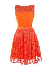 Scoop Sleeveless Mini Length Lace Zipper Prom Dresses with Orange Red