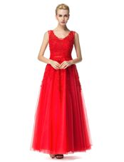 Classical Red Lace Up Prom Evening Gown Beading and Appliques Sleeveless Floor Length