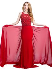 Enchanting Scoop Sleeveless Court Train Beading Zipper Prom Party Dress