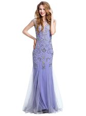 Mermaid Scoop Tulle Cap Sleeves Floor Length Prom Dress and Beading