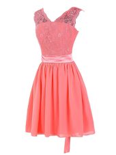 Edgy Mini Length Zipper Prom Dress Watermelon Red and In for Prom and Party with Lace and Sashes|ribbons