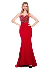 Wine Red Mermaid Sweetheart Sleeveless Elastic Woven Satin With Train Sweep Train Zipper Beading Prom Gown