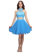 Blue Two Pieces Chiffon High-neck Sleeveless Beading Mini Length Zipper Evening Outfits