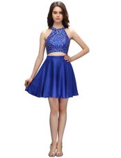 Cheap High-neck Sleeveless Zipper Prom Evening Gown Royal Blue Satin