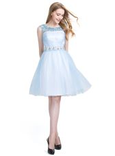 Scoop Sleeveless Knee Length Beading Zipper Dress for Prom with Light Blue