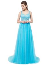 Aqua Blue Straps Neckline Beading Prom Dresses Sleeveless Zipper