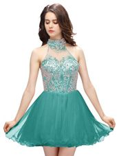 Captivating Teal Sleeveless Beading Mini Length Evening Gowns