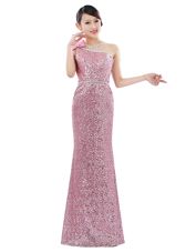 Best Selling One Shoulder Pink Zipper Prom Party Dress Sequins Sleeveless Floor Length