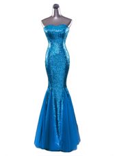 Blue Mermaid Sequined Strapless Sleeveless Sequins Floor Length Zipper