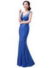 Sequins Floor Length Royal Blue Evening Dress V-neck Sleeveless Zipper