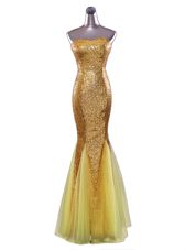 Mermaid Sequined Strapless Sleeveless Zipper Sequins Prom Evening Gown in Gold