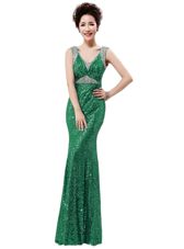 Best Green Sequined Zipper V-neck Sleeveless Floor Length Evening Dress Sequins