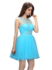 Flare Scoop Sleeveless Zipper Formal Dresses Aqua Blue Organza