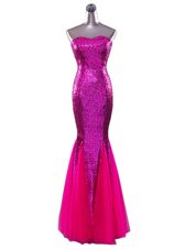 Mermaid Sleeveless Sequined Floor Length Zipper Prom Gown in Fuchsia for with Sequins