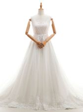 Excellent White A-line Sweetheart Sleeveless Tulle With Train Court Train Clasp Handle Appliques Wedding Dress