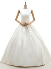 Suitable Floor Length White Bridal Gown Satin Sleeveless Ruching