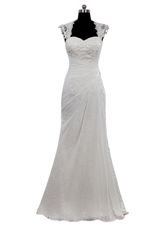 Trendy White Cap Sleeves Floor Length Lace Side Zipper Bridal Gown