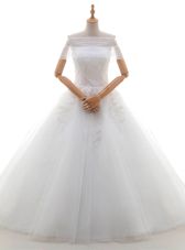 Captivating White Cap Sleeves Tulle Court Train Lace Up Wedding Dresses for Wedding Party