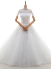Captivating White Cap Sleeves Tulle Court Train Lace Up Wedding Dresses for Wedding Party