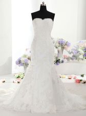 Superior Mermaid White Sweetheart Lace Up Lace Wedding Gown Court Train Sleeveless