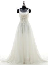 Simple Scoop Sleeveless Chiffon Wedding Dress Lace Brush Train Clasp Handle
