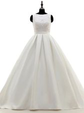 Scoop White Sleeveless Satin Brush Train Criss Cross Wedding Dress for Wedding Party