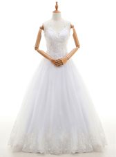 Halter Top Sleeveless Organza Floor Length Lace Up Wedding Dress in White for with Lace and Appliques