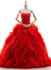 Fantastic Sleeveless Tulle Brush Train Lace Up Wedding Gown in Red for with Ruffles and Ruching