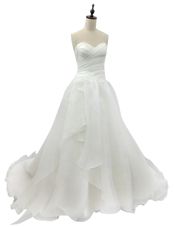 White Organza Zipper Wedding Gown Sleeveless With Brush Train Ruching