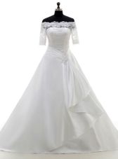 Captivating White Satin Clasp Handle Off The Shoulder Half Sleeves With Train Wedding Gowns Brush Train Lace