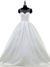 Gorgeous Sweetheart Sleeveless Sweep Train Zipper Wedding Gown White Satin