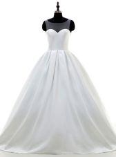 Gorgeous Sweetheart Sleeveless Sweep Train Zipper Wedding Gown White Satin
