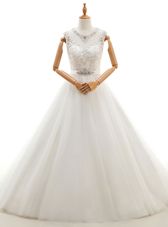 Scoop White Sleeveless With Train Beading and Lace Clasp Handle Bridal Gown