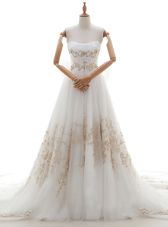 Glittering Sleeveless Tulle With Train Chapel Train Lace Up Wedding Gowns in White for with Appliques and Bowknot