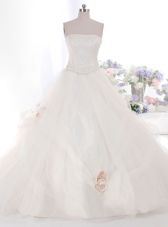 Inexpensive White Zipper Strapless Hand Made Flower Wedding Gown Tulle Sleeveless Brush Train