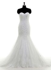 Classical Mermaid White Sweetheart Neckline Beading and Lace Wedding Dress Sleeveless Zipper