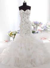 Glorious Mermaid Zipper Bridal Gown White and In for Wedding Party with Beading and Appliques Brush Train