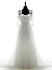 Fashion White Wedding Gowns Wedding Party and For with Appliques Sweetheart 3|4 Length Sleeve Brush Train Zipper
