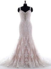 With Train Backless Wedding Gowns White and In for Wedding Party with Beading and Lace Brush Train