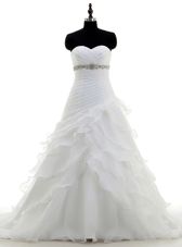 Beautiful Brush Train A-line Wedding Gown White Sweetheart Organza Sleeveless With Train Lace Up