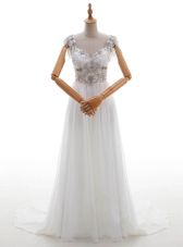 Top Selling White Empire V-neck Cap Sleeves Chiffon With Train Chapel Train Side Zipper Beading and Bowknot Bridal Gown