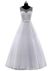 Scoop Sleeveless Tulle Wedding Dress Beading and Belt Clasp Handle
