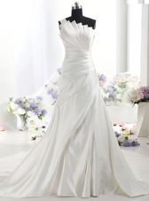 Low Price White Zipper One Shoulder Ruffles Bridal Gown Satin Sleeveless Chapel Train