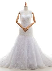 Custom Made Scoop White Zipper Wedding Dresses Lace and Ruching Sleeveless With Train Court Train