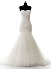 Eye-catching White Satin and Organza Zipper Sweetheart Long Sleeves With Train Wedding Gown Sweep Train Pick Ups