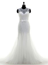 White Bridal Gown Wedding Party and For with Lace and Appliques Scoop Cap Sleeves Brush Train Zipper