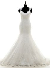 Lace With Train Column/Sheath Sleeveless White Wedding Dresses Brush Train Clasp Handle