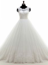 Edgy White A-line Tulle High-neck Sleeveless Lace With Train Zipper Bridal Gown Court Train