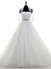 Strapless Sleeveless Tulle Wedding Dress Beading and Lace and Appliques Brush Train Lace Up